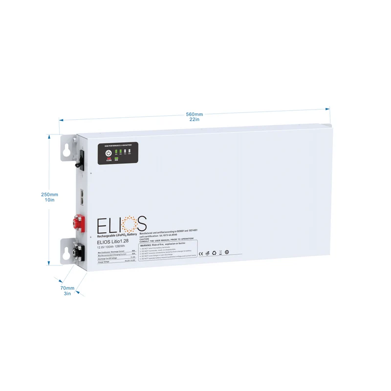 Elios Litio1.28H-BT | 12.8V 100Ah/ 1280Wh Heated Bluetooth LiFePO4 Battery | Super Slim 2.75’