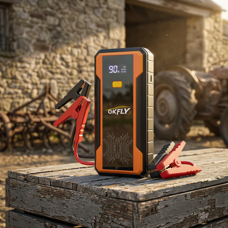 GKFLY | Booster de démarrage 12V compact orange, essence jusqu'à 6,5 L et diesel jusqu'à 4,5 L, écran et lampe LED