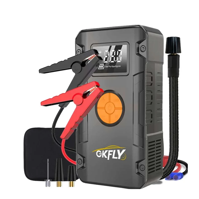 GKFLY | Booster de démarrage 12V avec compresseur d'air intégré | essence jusqu'à 5,0 L, diesel jusqu'à 3,0 L, écran LCD et coffret