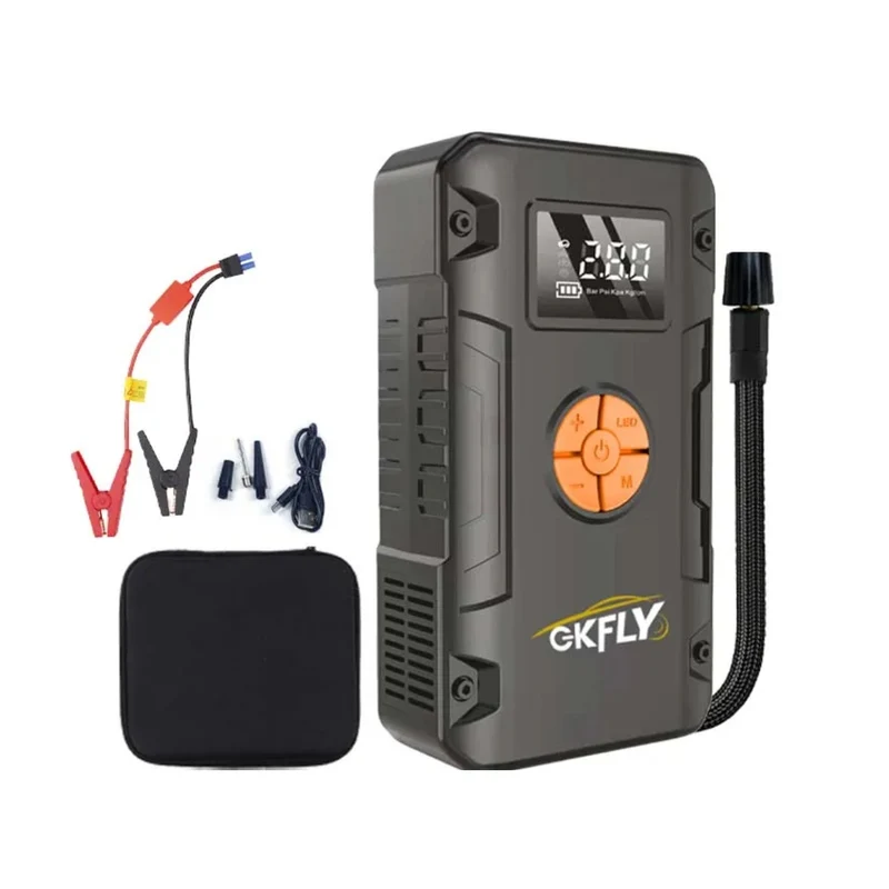 GKFLY | Booster de démarrage 12V avec compresseur d'air intégré | essence jusqu'à 5,0 L, diesel jusqu'à 3,0 L, écran LCD et coffret