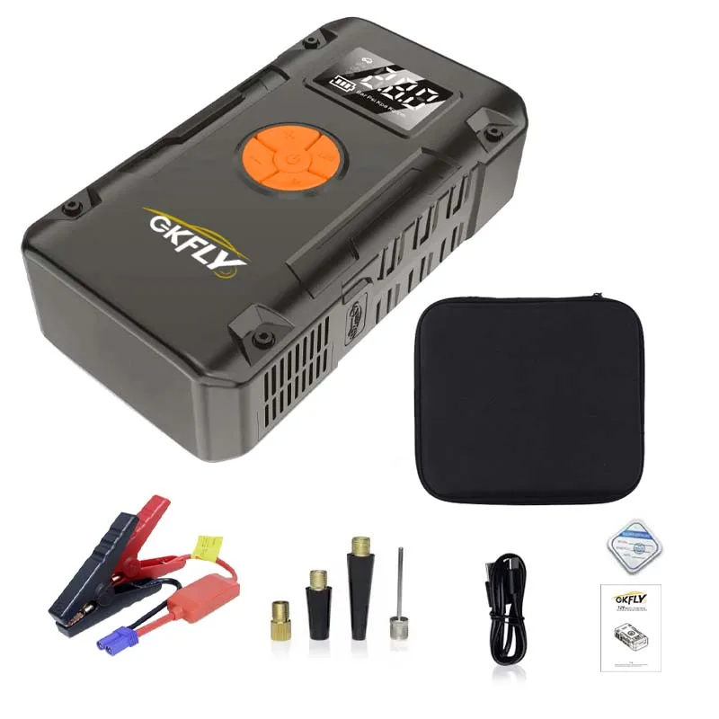 GKFLY | Booster de démarrage 12V avec compresseur d'air intégré | essence jusqu'à 5,0 L, diesel jusqu'à 3,0 L, écran LCD et coffret