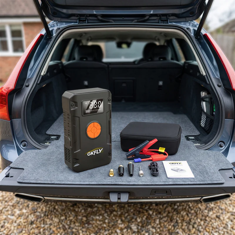 GKFLY | Booster de démarrage 12V avec compresseur d'air intégré | essence jusqu'à 5,0 L, diesel jusqu'à 3,0 L, écran LCD et coffret