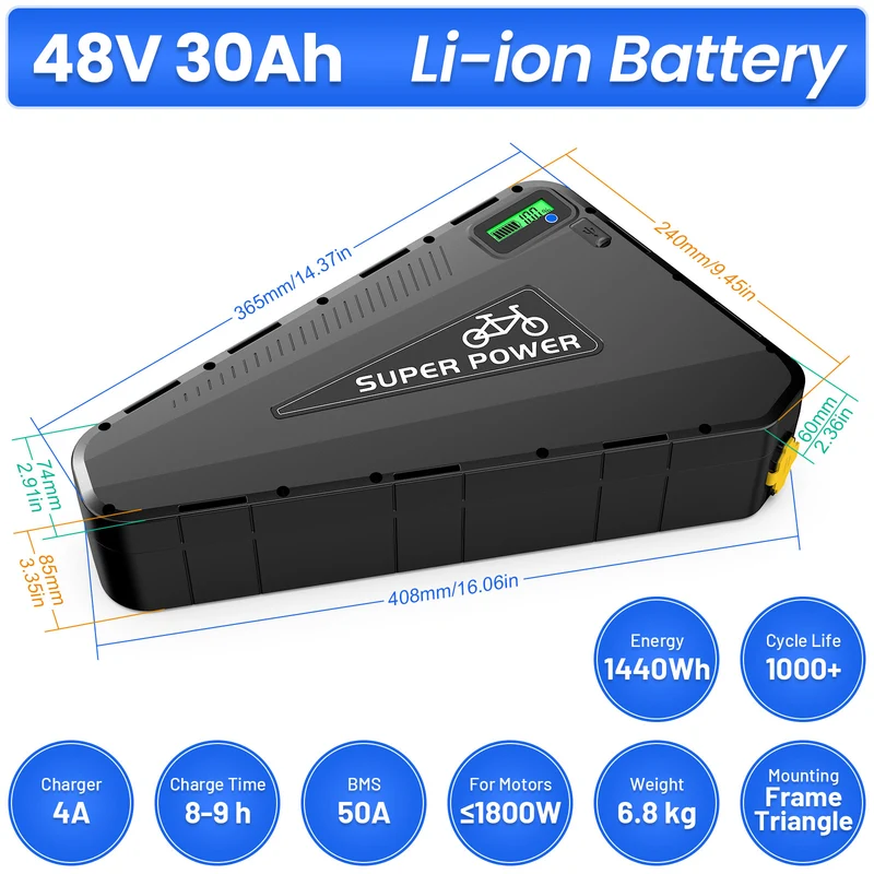 【EN STOCK AUX ÉTATS-UNIS】Batterie triangulaire P101 48 V 60 V 72 V 20 Ah 25 Ah 30 Ah BMS50-60 A avec GPS, cellules LG5000, batterie Li-ion pour vélo électrique