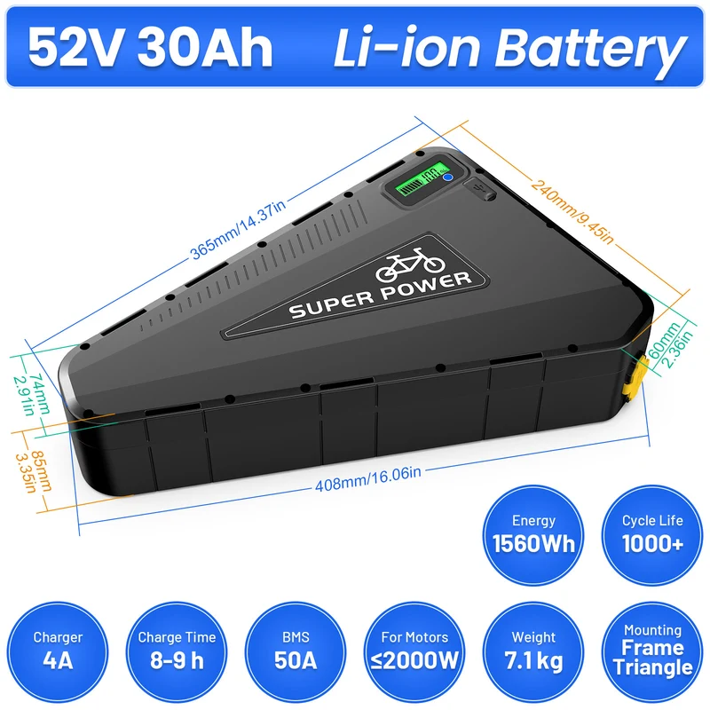 【EN STOCK AUX ÉTATS-UNIS】Batterie triangulaire P101 48 V 60 V 72 V 20 Ah 25 Ah 30 Ah BMS50-60 A avec GPS, cellules LG5000, batterie Li-ion pour vélo électrique