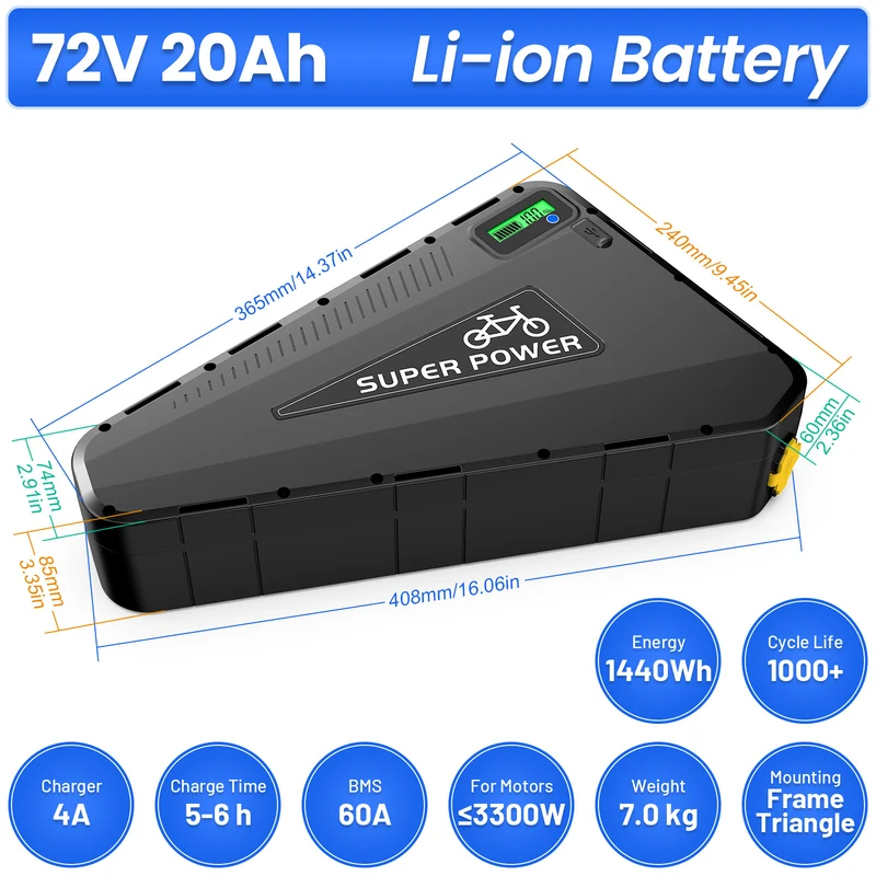 【EN STOCK AUX ÉTATS-UNIS】Batterie triangulaire P101 48 V 60 V 72 V 20 Ah 25 Ah 30 Ah BMS50-60 A avec GPS, cellules LG5000, batterie Li-ion pour vélo électrique