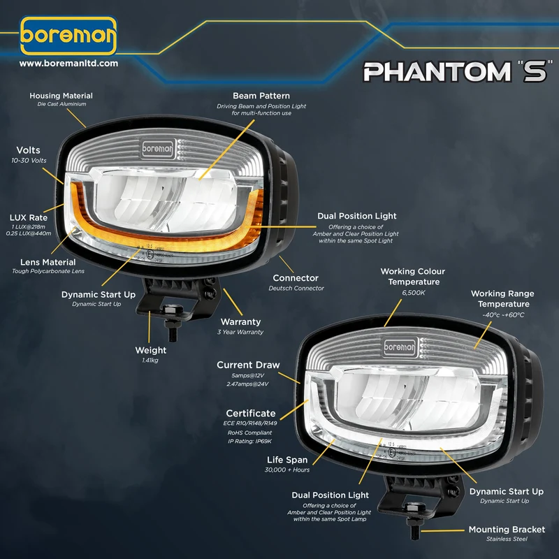 Phare de route géant Boreman Phantom Silver LED avec feu de position ambre/blanc