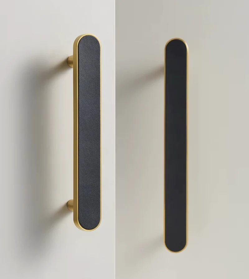 Poignée de meuble Laiton doré & Cuir Noir