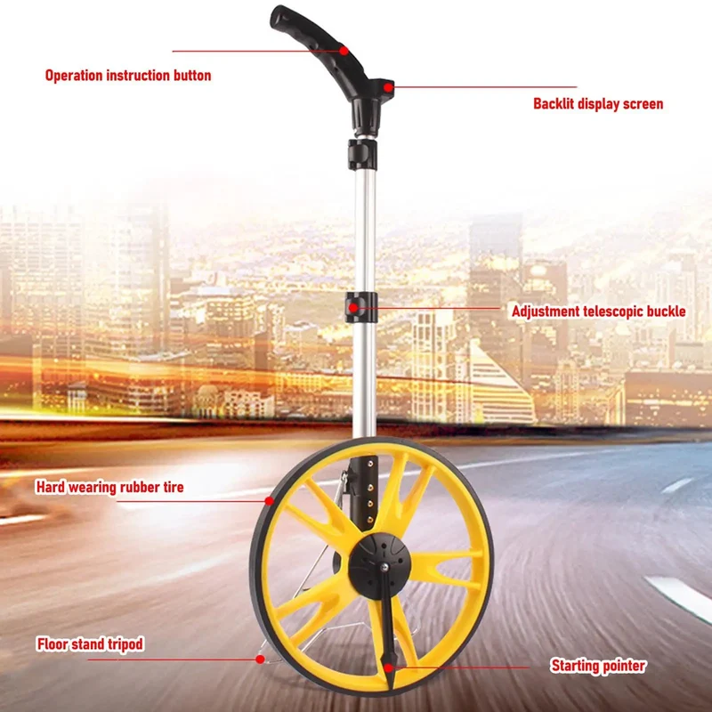 Digital Measuring Wheel With Telescopic Handle For Contractors And Surveyors Showing Straight Up Exact Readings Switching Between Metric And Imperial Units Tough As Nails Aluminum Frame Slick Rolling Rubber Digital Display