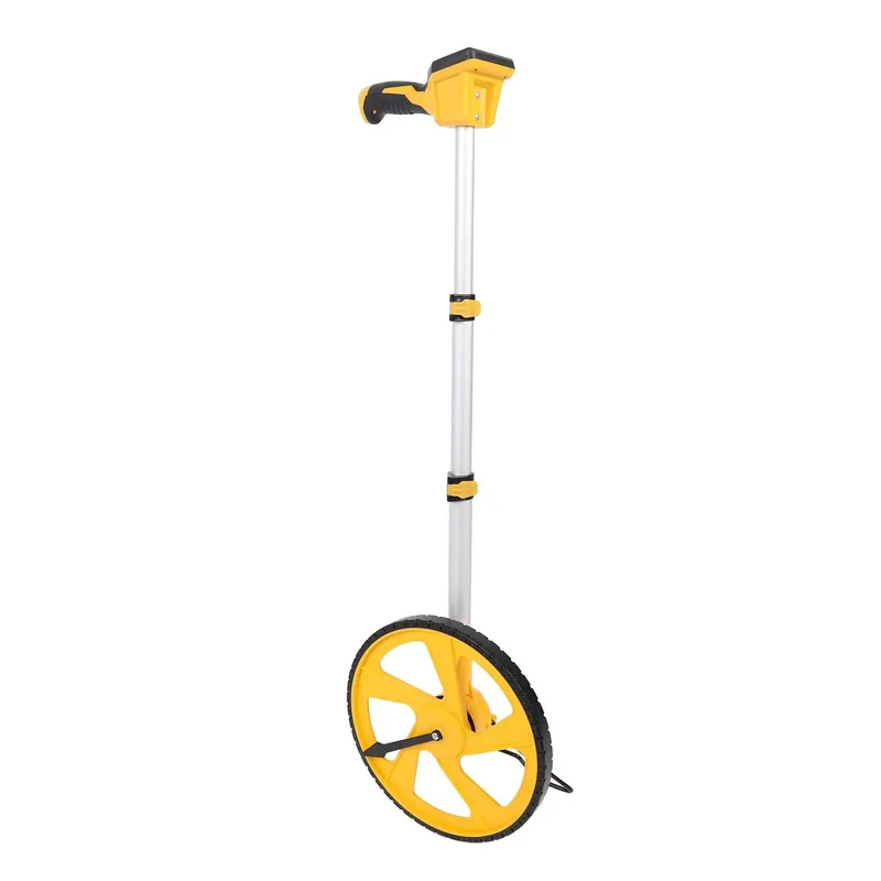 Digital Measuring Wheel With Aluminum Alloy Frame And Telescopic Pole For Construction Surveying And Road Layout Distance Tracking Featuring Bright Lcd Display And Feet Inch Meter Readouts Straight Up Rock Solid