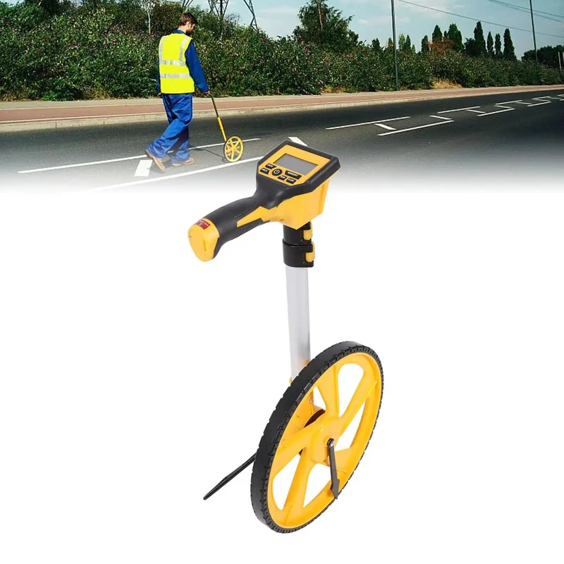 Digital Measuring Wheel With Aluminum Alloy Frame And Telescopic Pole For Construction Surveying And Road Layout Distance Tracking Featuring Bright Lcd Display And Feet Inch Meter Readouts Straight Up Rock Solid