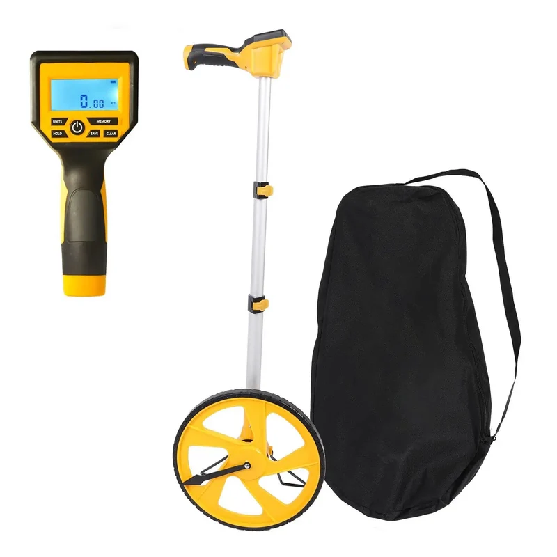 Digital Measuring Wheel With Aluminum Alloy Frame And Telescopic Pole For Construction Surveying And Road Layout Distance Tracking Featuring Bright Lcd Display And Feet Inch Meter Readouts Straight Up Rock Solid