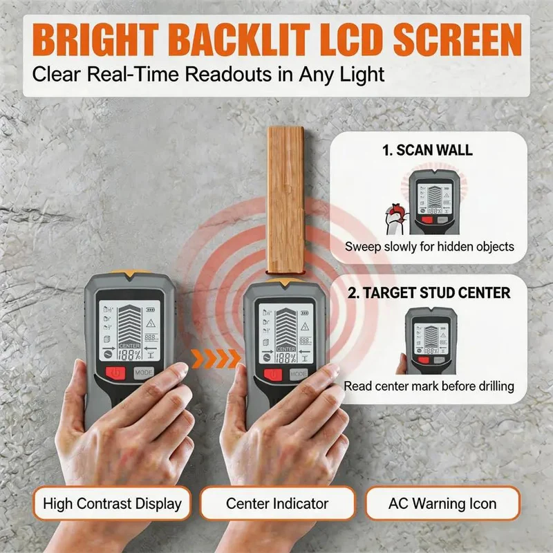 Super Slick Electronic Stud Finder Wall Scanner 5 In 1 Model With Clear Lcd Display Center And Edge Detection Locates Wood Metal Ac Cables And Pipes Fast No Sweat Home Upgrade Sweet Tool