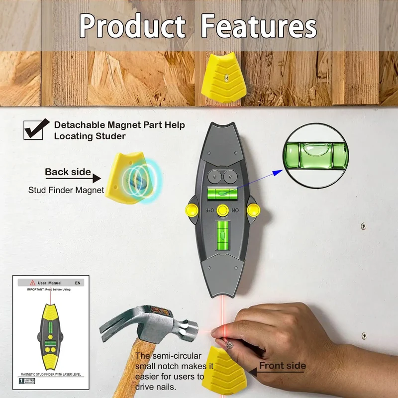 Heavy Duty 3 In 1 Magnetic Stud Finder With Integrated Laser Wall Scanner And Portable Leveler Featuring Dead Sure Grip Pins For Zero Mess Diy Renovations