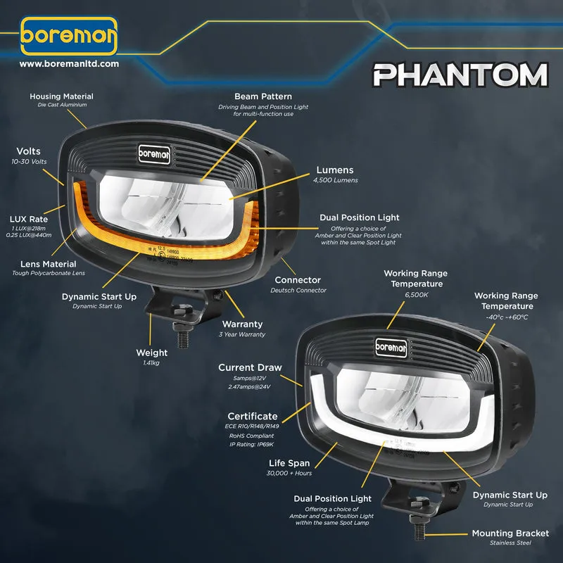 Phare de conduite Boreman Phantom Dark LED Jumbo avec feu de position ambre/blanc