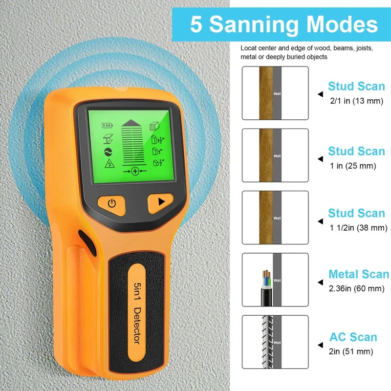 5 In 1 Stud Finder Wall Scanner Uses Advanced Sensor Tech To Quickly Pinpoint Wood Beams Metal Nails And Live Wires So You Can Mount TVs And Cabinets Without Breaking A Sweat On Your Next Home Project With An Easy Read LCD Display And High Visibility