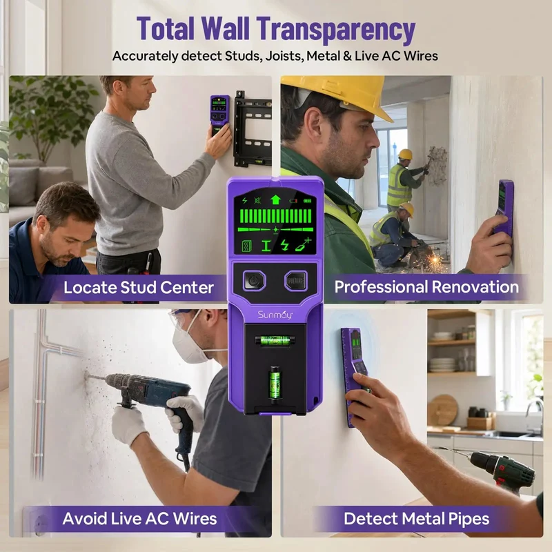 Pro Grade Heavy Duty 7-In-1 Stud Finder Wall Scanner With Auto Calibration Laser Level Cross Line Projector For Finding Wood Studs Metal Pipes Live Electrical Wires And Rebar In Drywall Ceilings