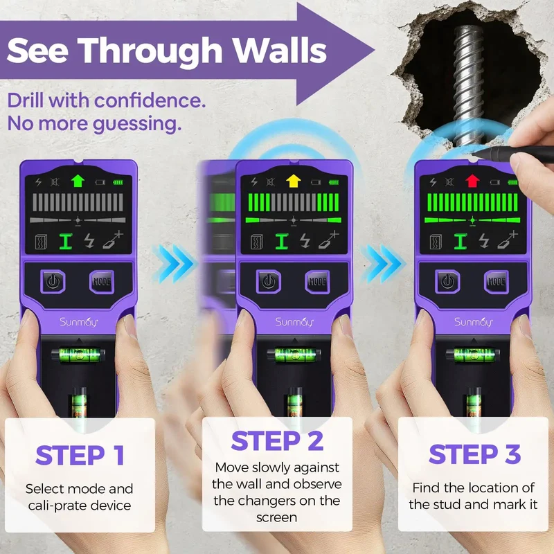 Pro Grade Heavy Duty 7-In-1 Stud Finder Wall Scanner With Auto Calibration Laser Level Cross Line Projector For Finding Wood Studs Metal Pipes Live Electrical Wires And Rebar In Drywall Ceilings