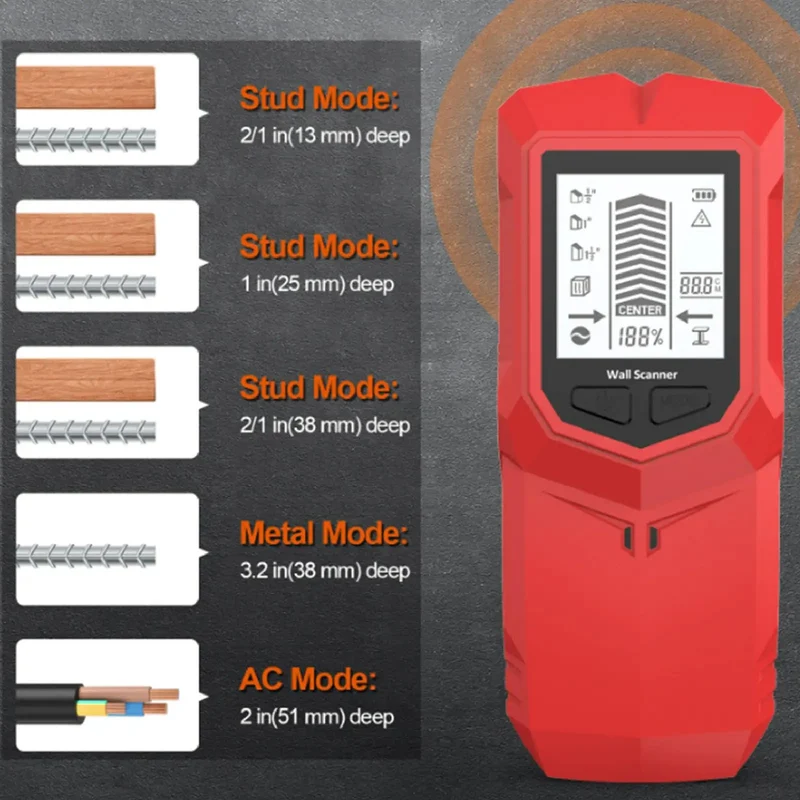 Heavy Duty Electronic Stud Scanner With Crisp Lcd Display And Three Precise Depth Levels Straight Up Locates Wooden Joists Live Electrical Cables Behind Drywall Fast