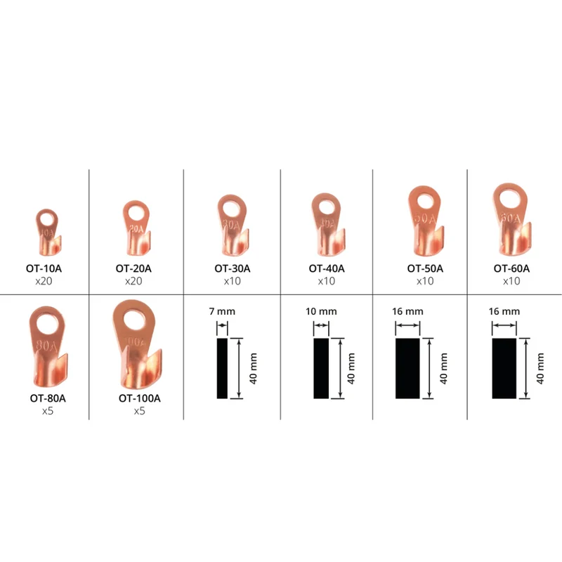 Assortiment de cosses à anneau en cuivre non isolées avec gaine thermorétractable
