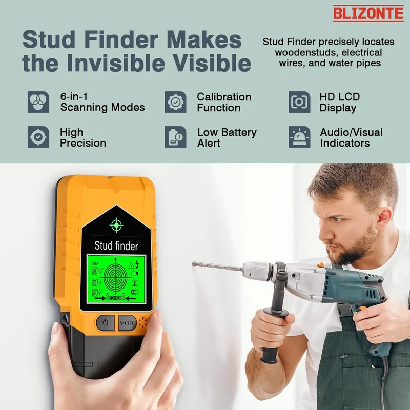 Top Shelf Six In One Stud Finder Wall Scanner Delivers Dead On Accuracy To Locate Wood Beams Electrical Wires Metal Pipes And Nails With Zero Guesswork Featuring Bright Audio Visual Alarms And Built In Magnet For No Sweat Renovations
