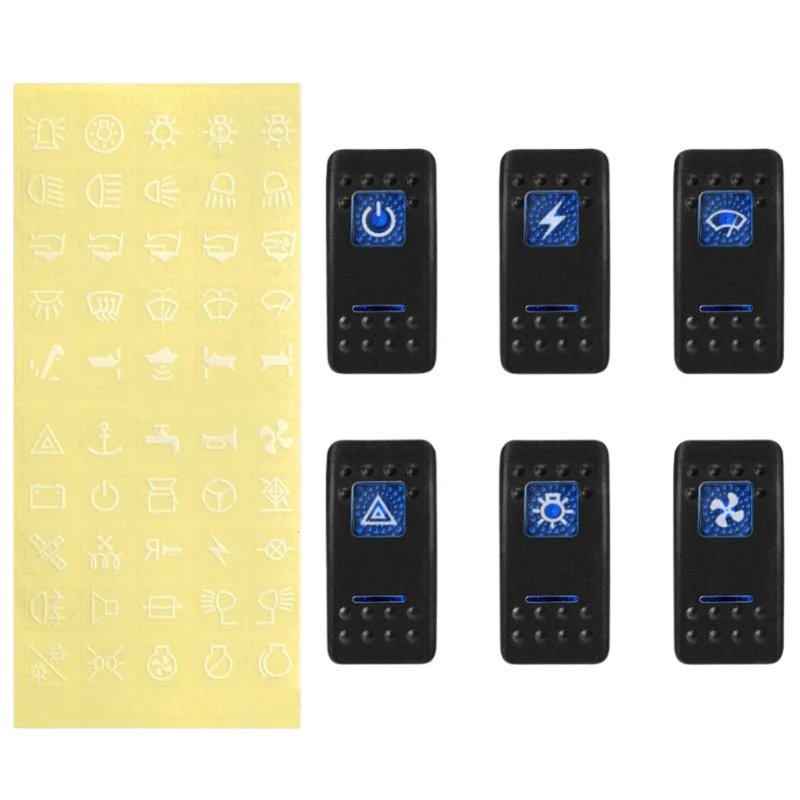 Interrupteur à bascule rectangulaire avec LED bleues et icônes autocollantes