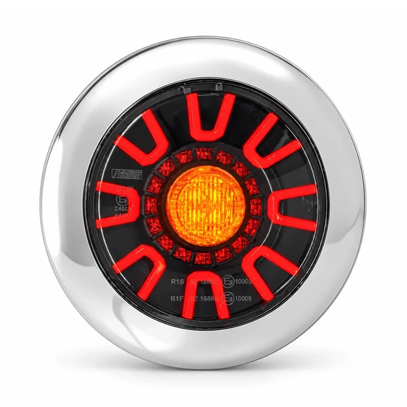 Feu arrière rond foncé Fristom avec feu stop, feu arrière et clignotant / Couvercle chromé