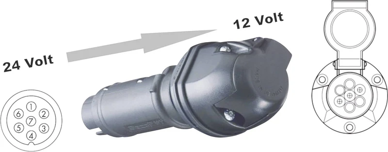 Réducteur de tension 24 V vers 12 V (Convertit une prise 7 pôles 24 V en une prise 7 pôles 12 V)