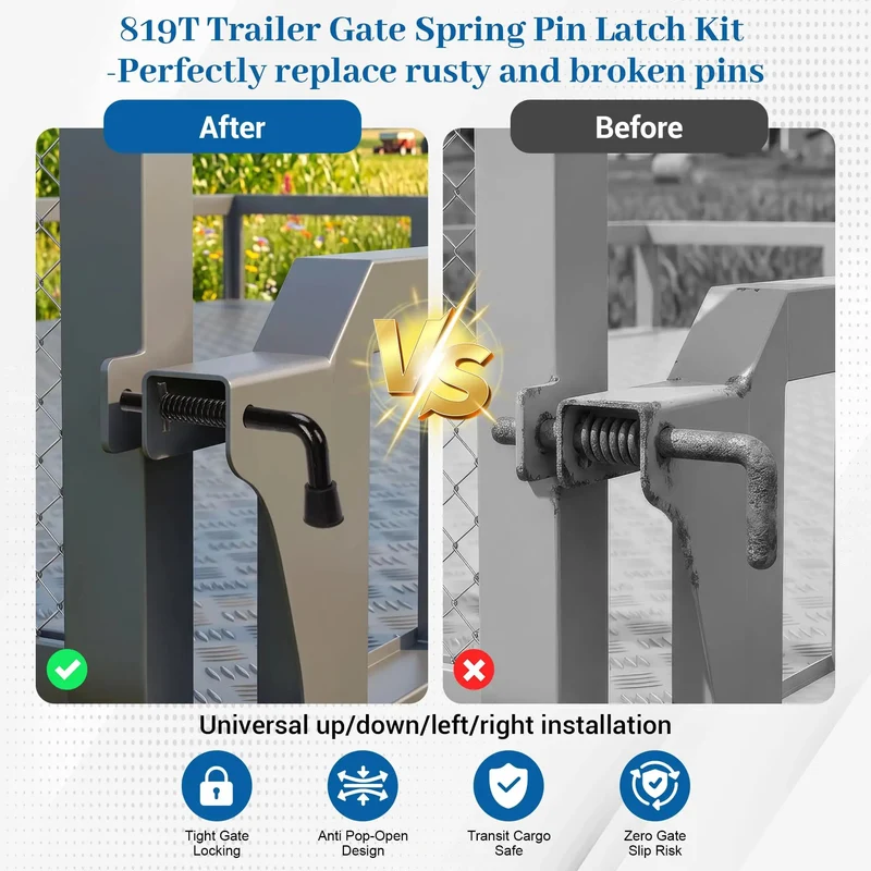 Heavy Duty 819T Trailer Gate Spring Pin Latch Kit 8.5 Inch Black 2 Pack Replace Busted Pins Rock Solid No Wiggle Locking Hardware For Secure Cargo Hauling Drop Straight In Mount