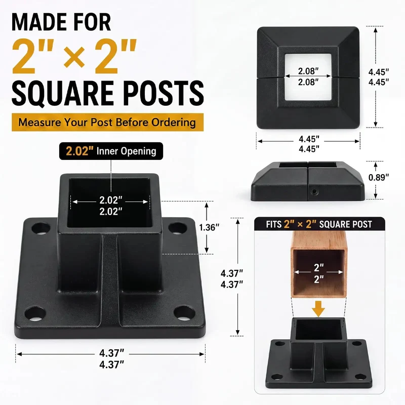 Rock Solid 8 Pack 2X2 Aluminum Square Post Base Flanges With Powder Coated Black Covers Real Deal Deck Railing Mounts And Bottom Caps For Outdoor Fences Handrails Built Tough