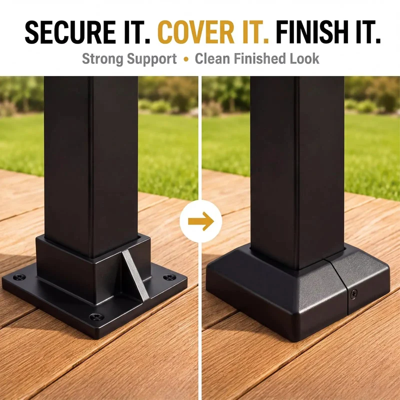 Rock Solid 8 Pack 2X2 Aluminum Square Post Base Flanges With Powder Coated Black Covers Real Deal Deck Railing Mounts And Bottom Caps For Outdoor Fences Handrails Built Tough