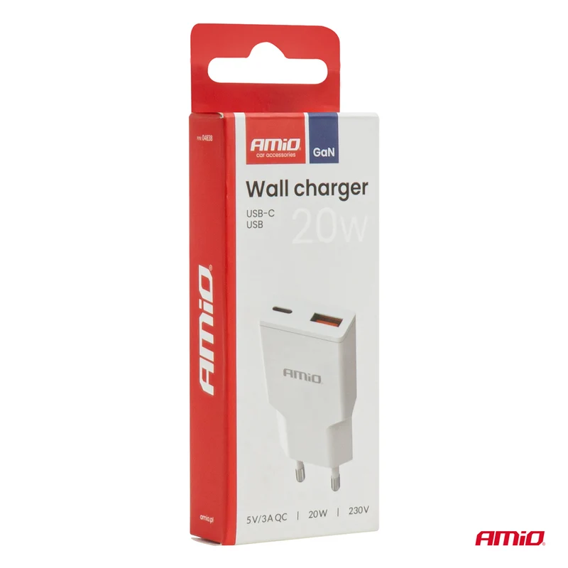 CHARGEUR MURAL FIN 20W USB ET USB-C AMIO