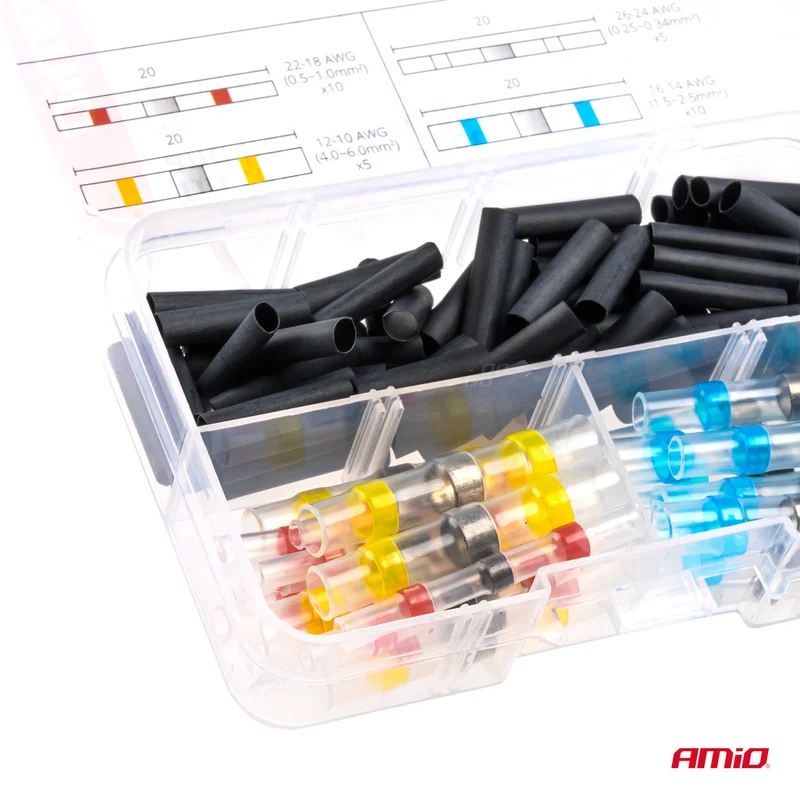 COFFRET DE MANCHONS THERMORÉTRACTABLES AVEC GAINES 100 PIÈCES AMIO