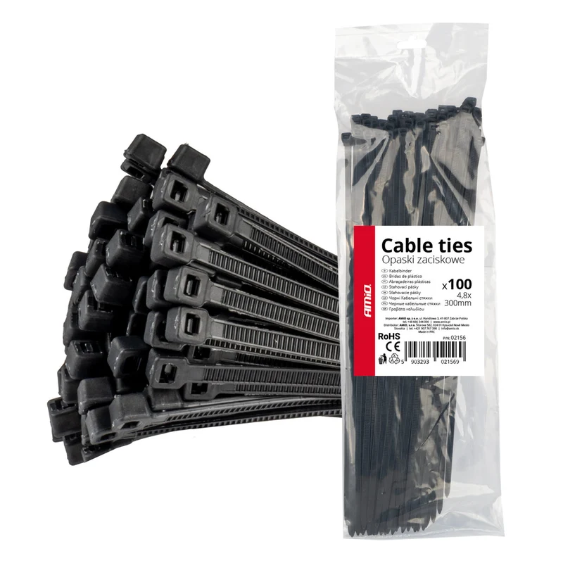 LOT DE 100 COLLIERS DE SERRAGE NOIRS 4,8 × 300 MM AMIO