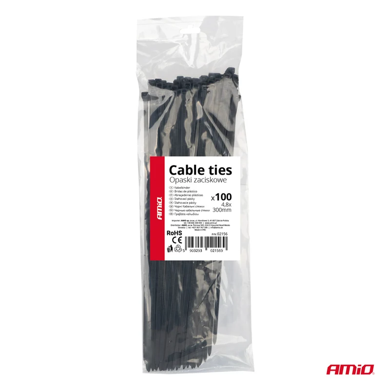 LOT DE 100 COLLIERS DE SERRAGE NOIRS 4,8 × 300 MM AMIO