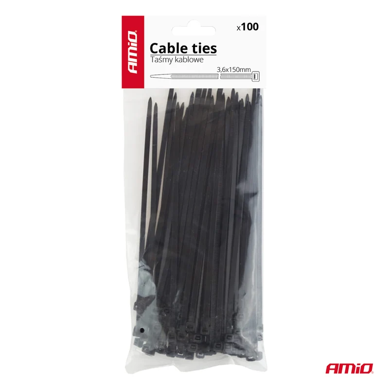 LOT DE 100 COLLIERS DE SERRAGE NOIRS 3,6 × 150 MM AMIO