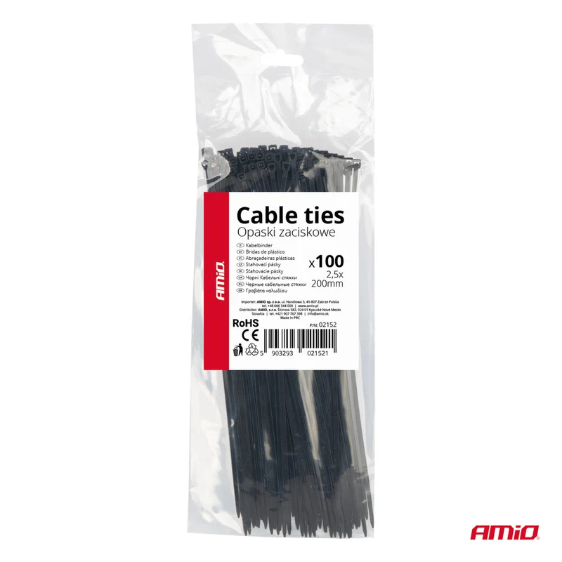 LOT DE 100 COLLIERS DE SERRAGE NOIRS 2,5 × 200 MM AMIO