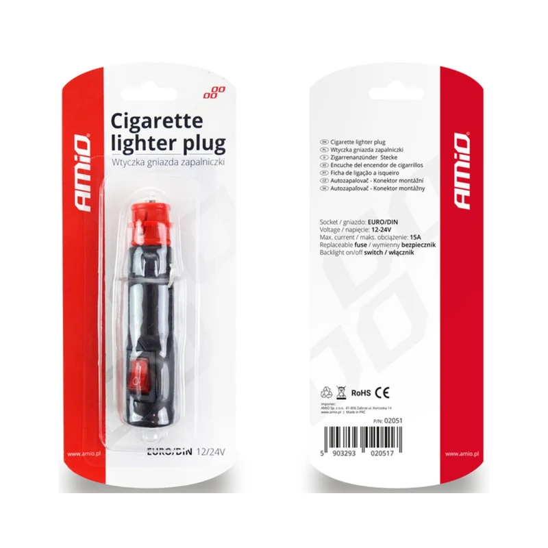 FICHE MÂLE ALLUME-CIGARE EURO/DIN AVEC INTERRUPTEUR 12/24V AMIO