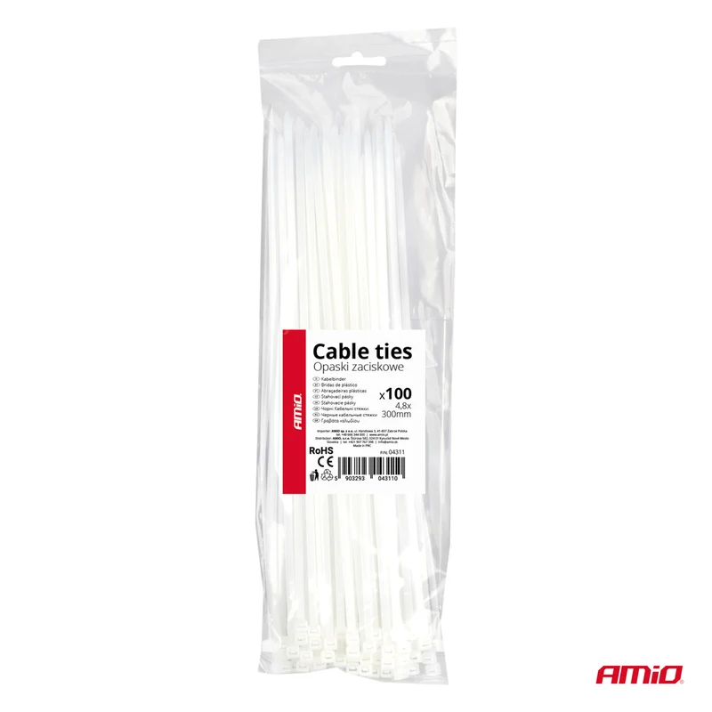 LOT DE 100 COLLIERS DE SERRAGE BLANCS 4,8 × 300 MM AMIO