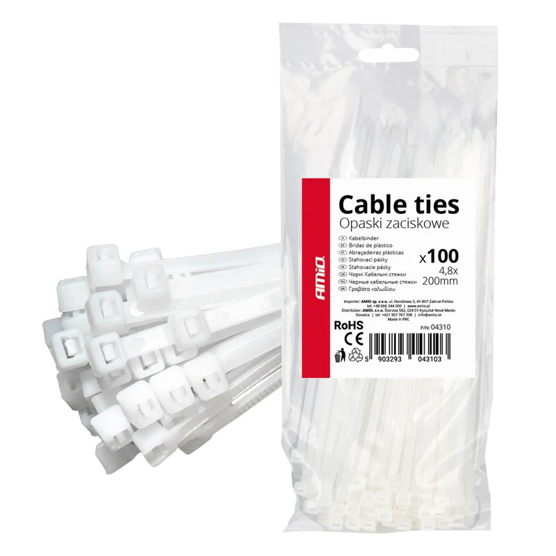 LOT DE 100 COLLIERS DE SERRAGE BLANCS 4,8 × 200 MM AMIO