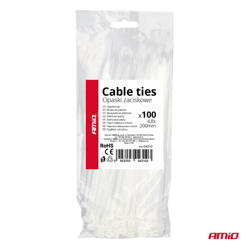 LOT DE 100 COLLIERS DE SERRAGE BLANCS 4,8 × 200 MM AMIO