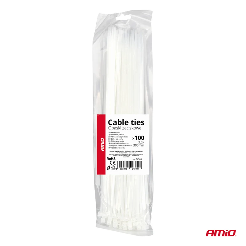 LOT DE 100 COLLIERS DE SERRAGE BLANCS 3,6 × 300 MM AMIO
