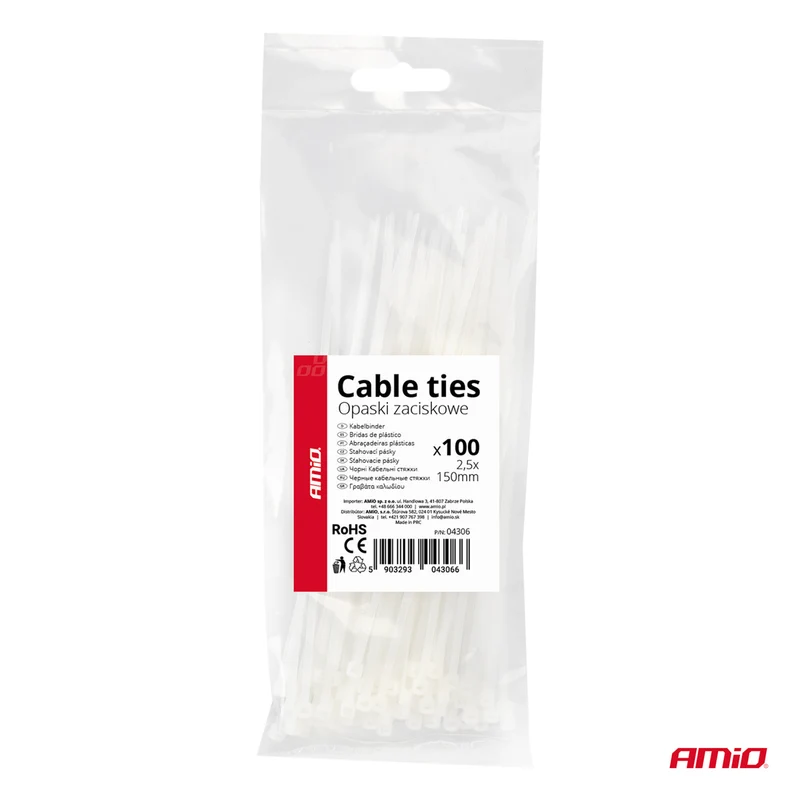 LOT DE 100 COLLIERS DE SERRAGE BLANCS 2,5 × 150 MM AMIO