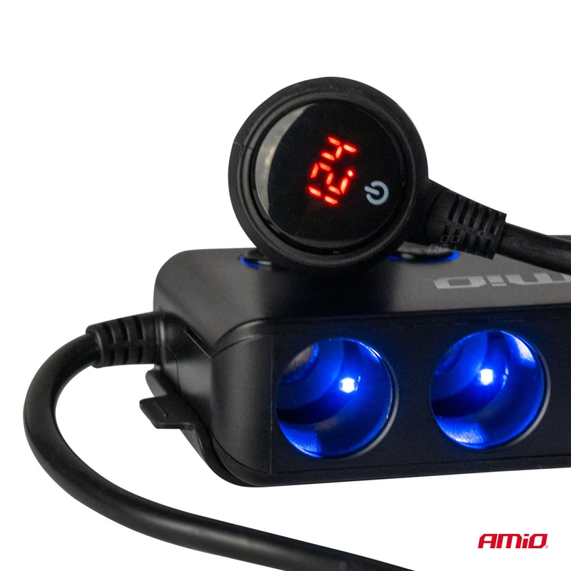RALLONGE AVEC VOLTMETRE DE PRISE ALLUME-CIGARE TRIPLE + 2XUSB + CHARGE RAPIDE + USB-C AVEC VOLTMÈTRE