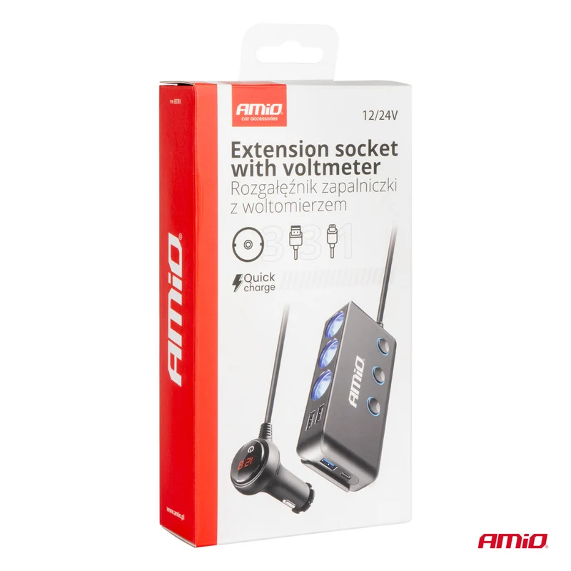 RALLONGE AVEC VOLTMETRE DE PRISE ALLUME-CIGARE TRIPLE + 2XUSB + CHARGE RAPIDE + USB-C AVEC VOLTMÈTRE