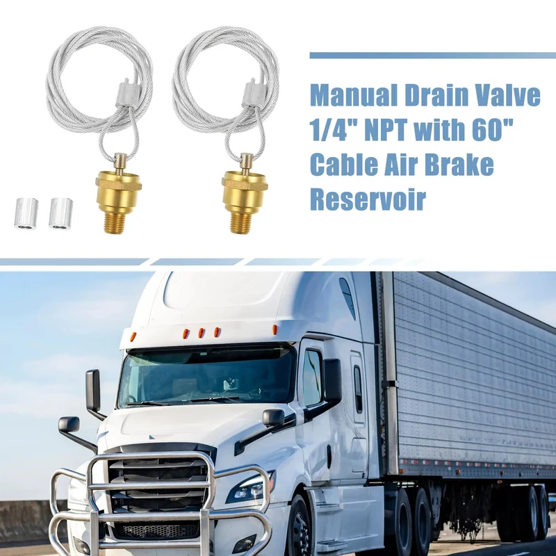 2 Pair Manual Air Tank Drain Valve Plug 1/4 NPT With 60 Inch Cable For Big Rigs Heavy Haulers And Navistar Dump Trucks OEM Replacement Swaps Reservoir Bleeder Valve Kit 12105 N3613AD VMRS 013010192