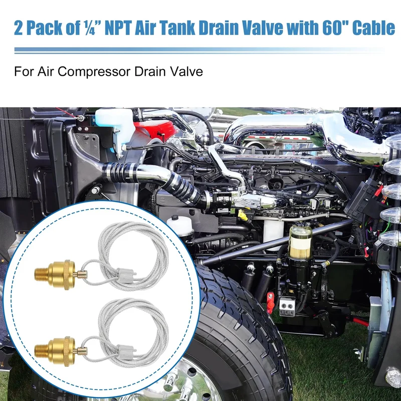 2 Pair Manual Air Tank Drain Valve Plug 1/4 NPT With 60 Inch Cable For Big Rigs Heavy Haulers And Navistar Dump Trucks OEM Replacement Swaps Reservoir Bleeder Valve Kit 12105 N3613AD VMRS 013010192
