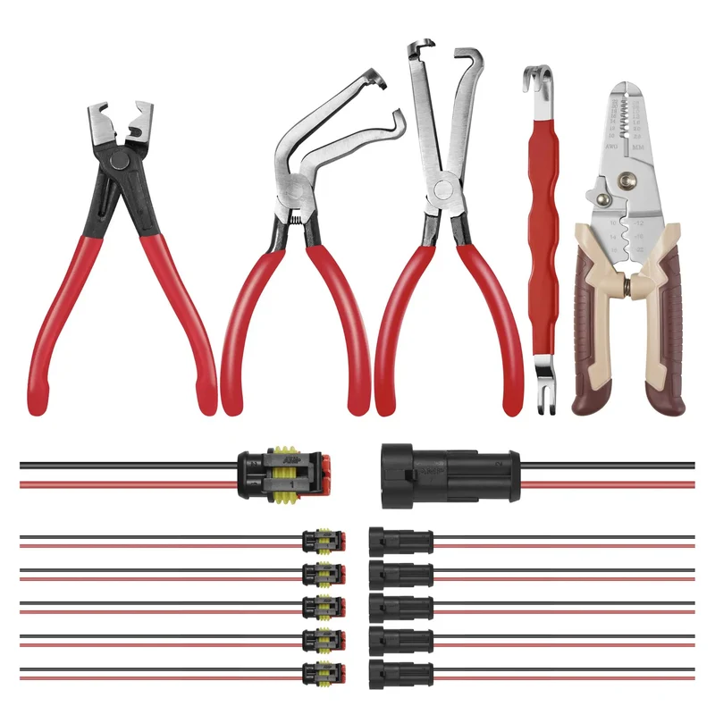 Heavy Duty 11 Piece Electrical Disconnect Pliers And Wire Stripper Kit With Hose Clamp Tool And Six 2 Pin Connector Sets For Straight Up Auto Wiring Jobs And Quick Fixes