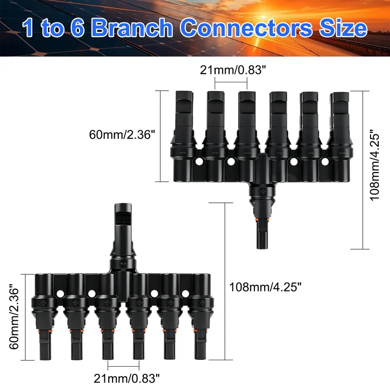 Built Like A Tank Solar Panel MC4 T Branch Connector 1 Male To 6 Female And 1 Female To 6 Male Plug And Play Wiring Harness IP67 Waterproof T Type Combiner 1 Pair