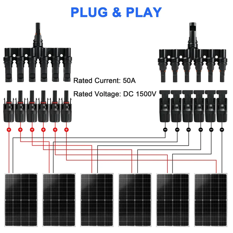 Built Like A Tank Solar Panel MC4 T Branch Connector 1 Male To 6 Female And 1 Female To 6 Male Plug And Play Wiring Harness IP67 Waterproof T Type Combiner 1 Pair