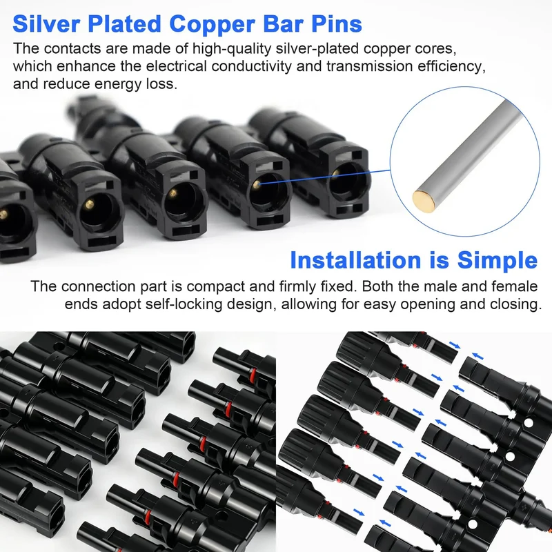 Built Like A Tank Solar Panel MC4 T Branch Connector 1 Male To 6 Female And 1 Female To 6 Male Plug And Play Wiring Harness IP67 Waterproof T Type Combiner 1 Pair